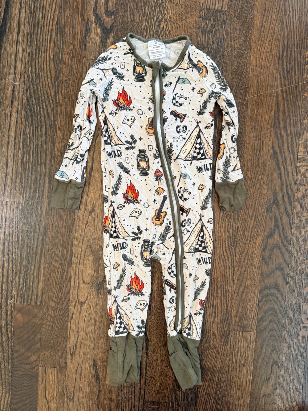 12-18 Bamboo Stretch Camping Print One-Piece Pajamas with Olive Trim
